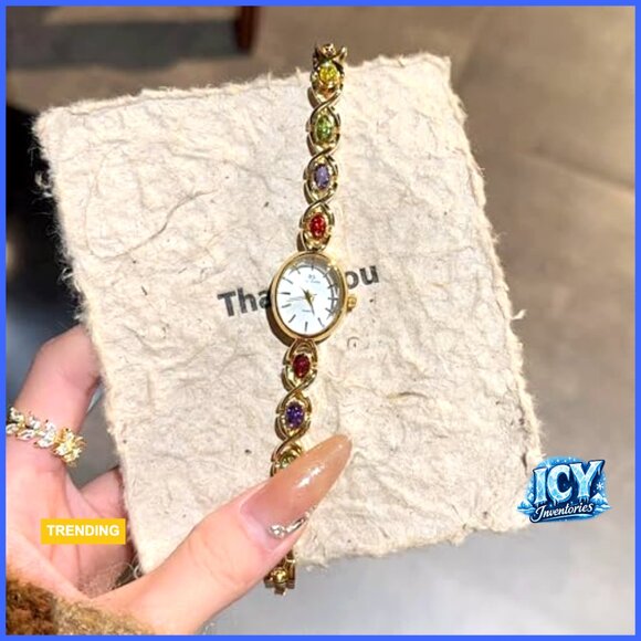Gold Tone Quartz Wrist Watch with Vintage Bracelet and Jade Oval Dial main image 5